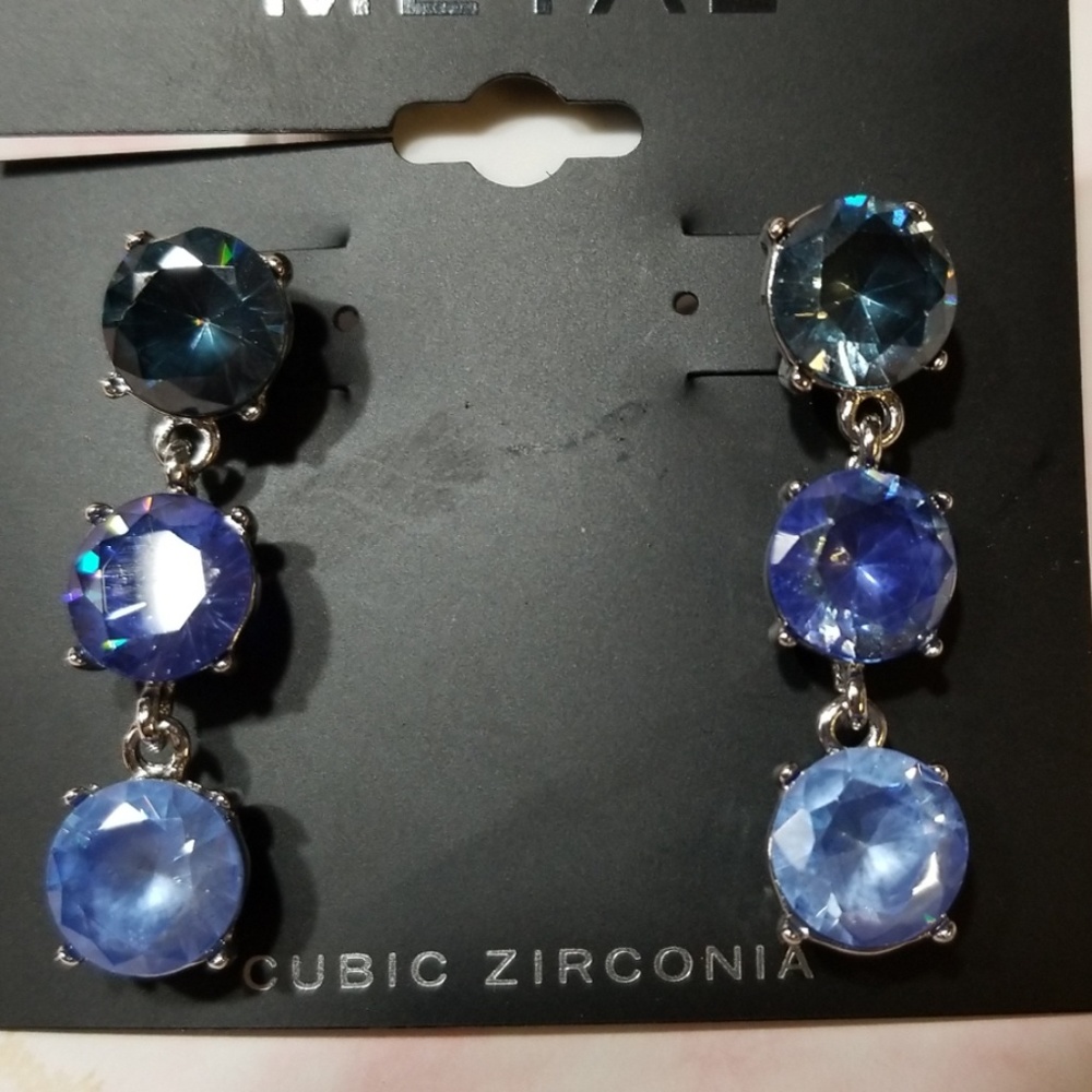 Metal 3 Tier Blue Cubic Zirconia Earrings